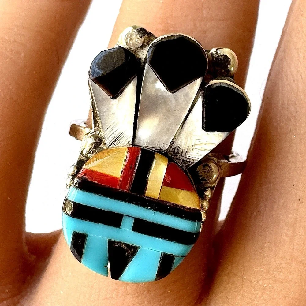 Zuni Sunface Turquoise Ring Sz 7 Headdress Native American Sterling Handmade